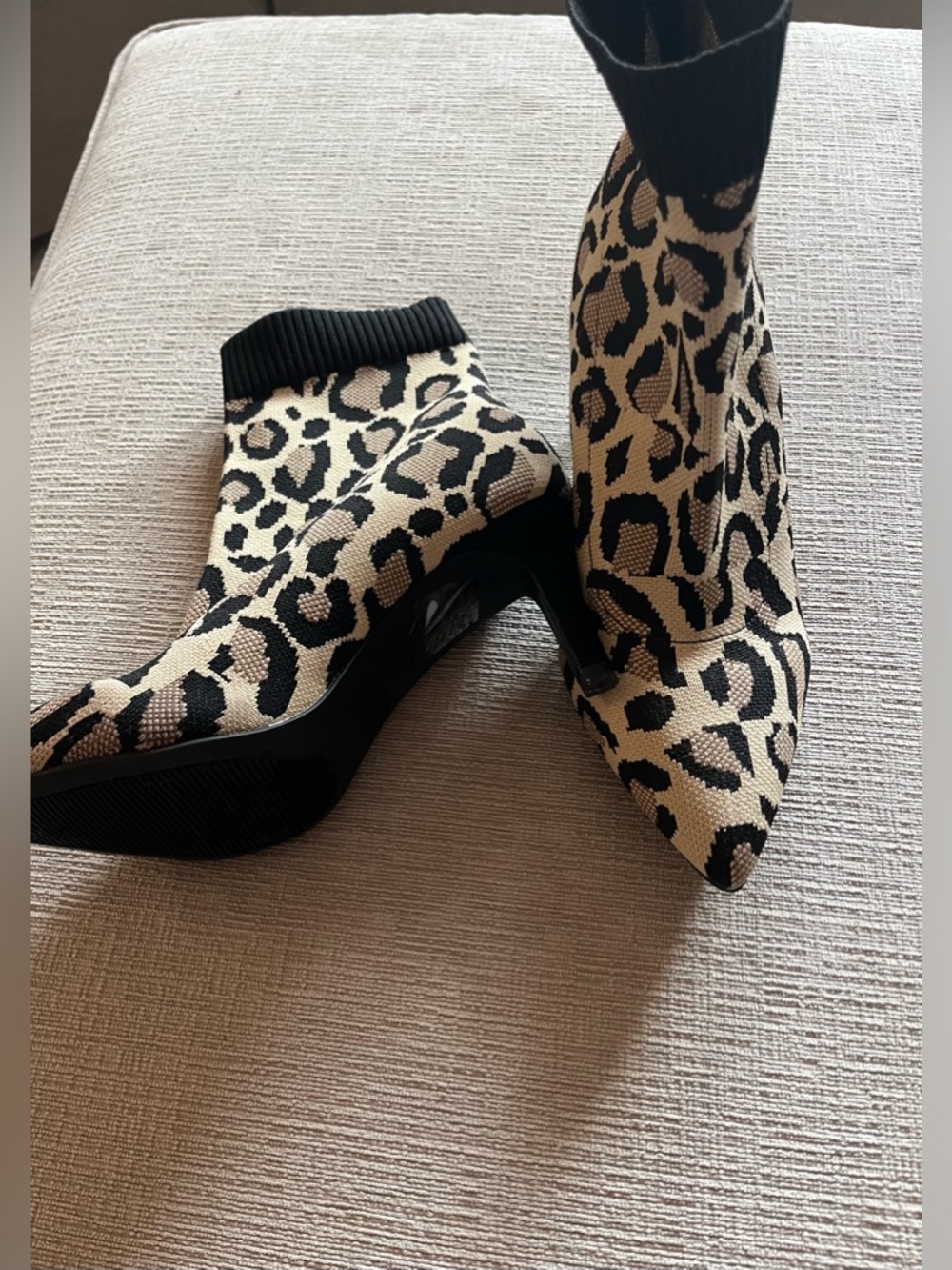 Leopard Print Pointed Sock Booties - Beige & Black